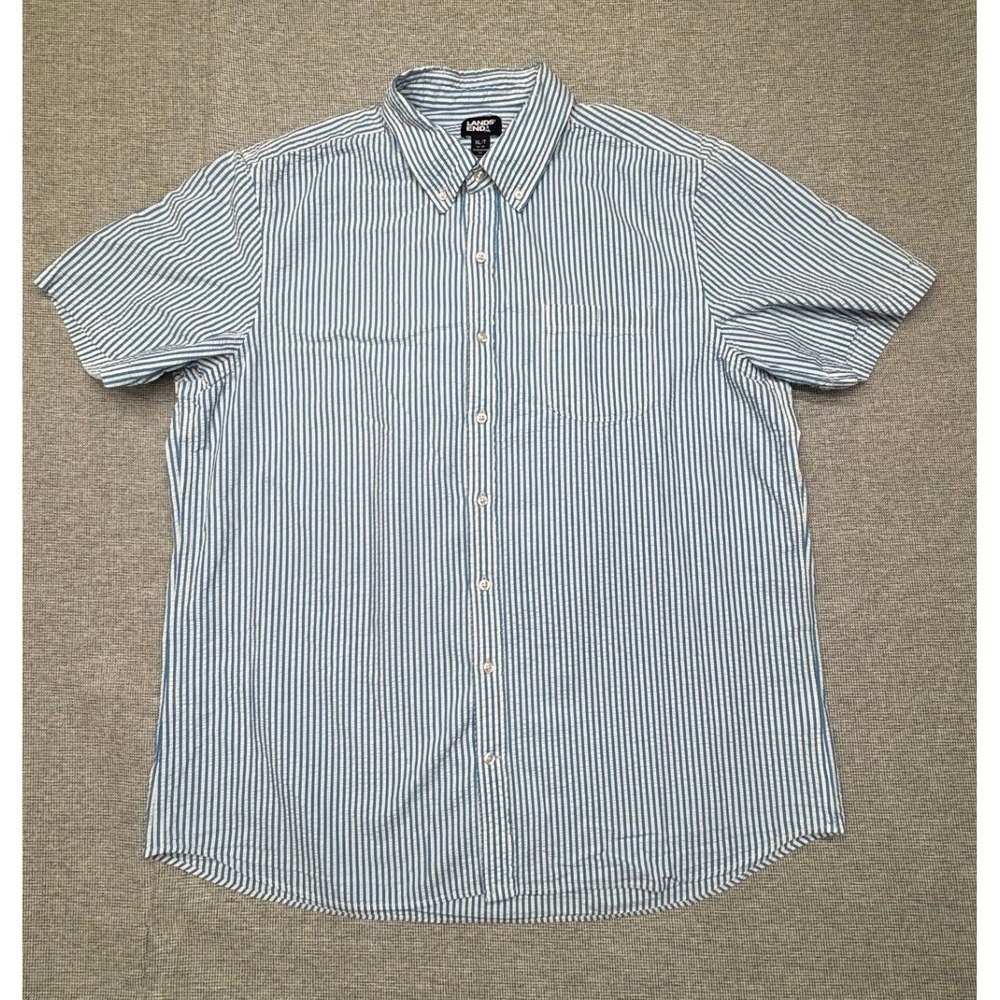 Lands End Mens XL Tall Blue White Seersucker Short Sleeve Button Down Shirt